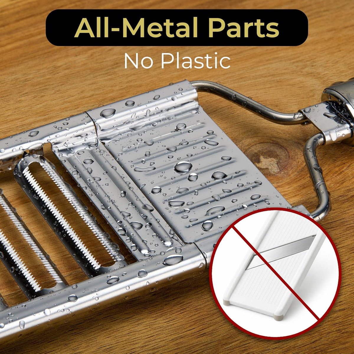 All-metal slicer under water beside a crossed-out plastic mandoline