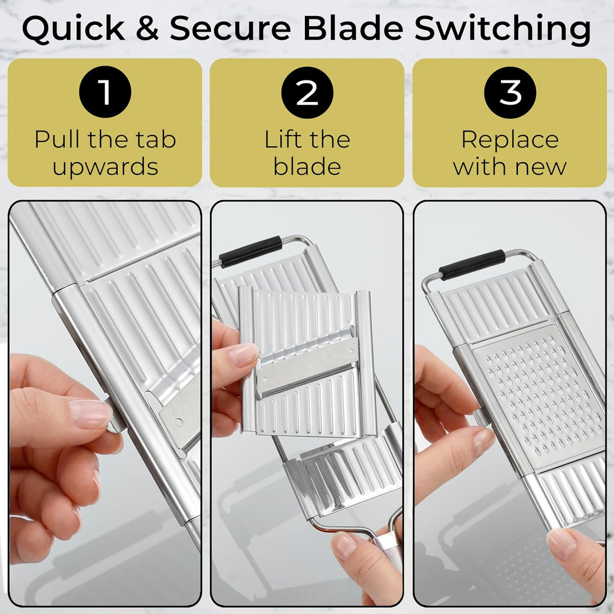 Three blade-change steps: pull the tab, lift the blade, replace with the next