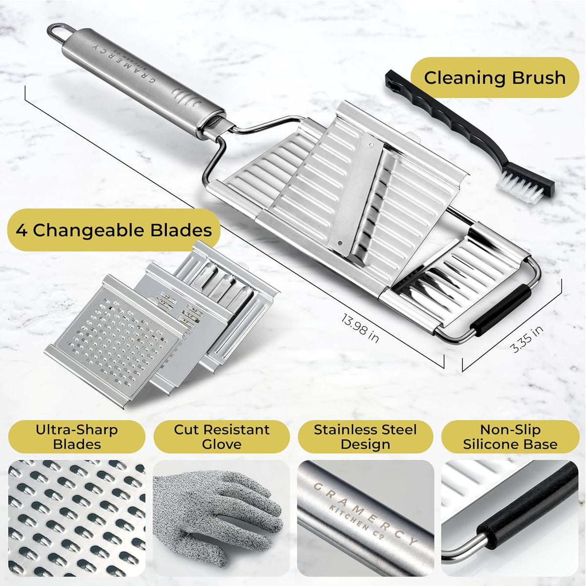 Slicer measured 35.5 by 8.5 cm with four blades, glove, brush and non-slip base