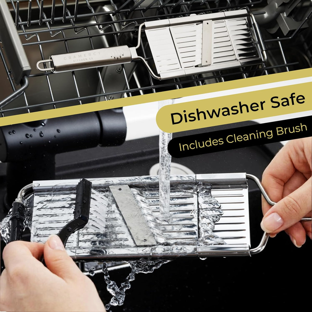 Slicer rinsed under a tap and standing in a dishwasher rack with the cleaning brush