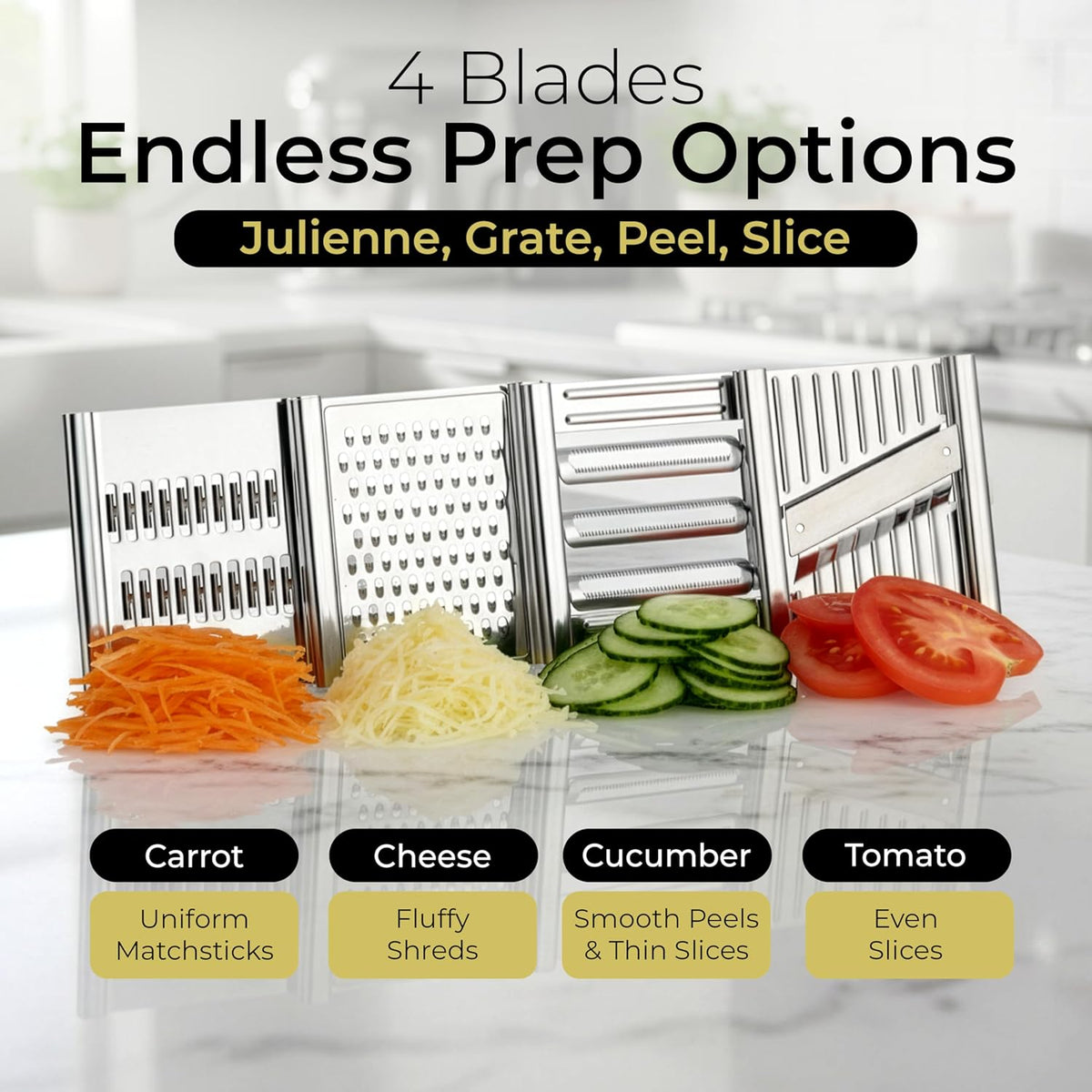 Four blade plates with carrot matchsticks, grated cheese, cucumber and tomato slices