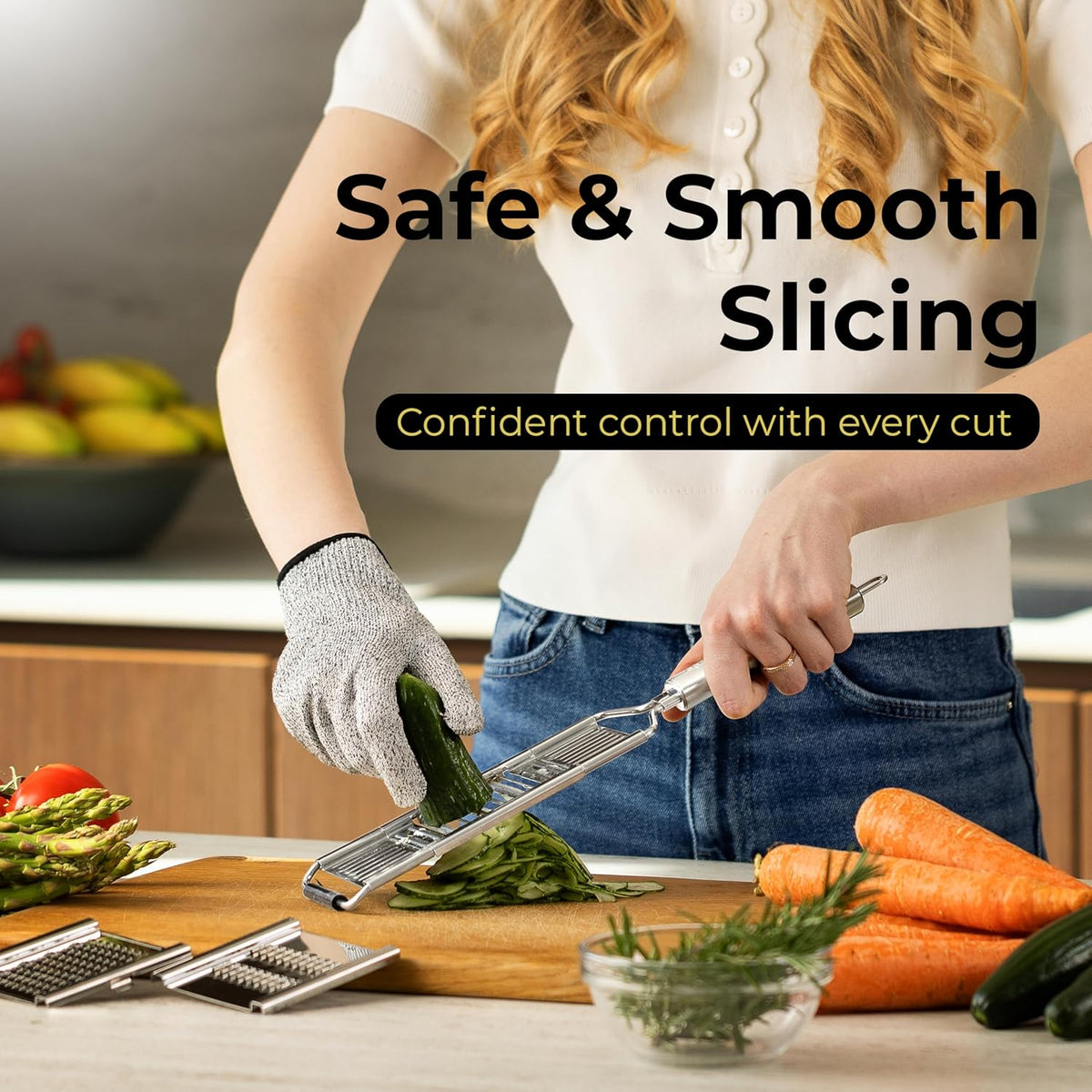 Gloved hand slicing courgette on the handheld slicer over a wooden board