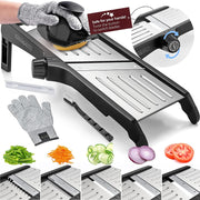 Black mandoline with gloved hand slicing, beside cut-resistant glove, brush, blade guard and blade types