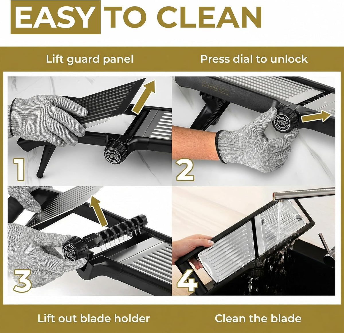 Four cleaning steps: lift guard panel, press dial, remove blade holder, rinse blade