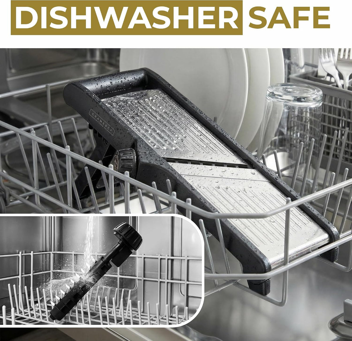 Black mandoline and blade holder standing in the top rack of a dishwasher