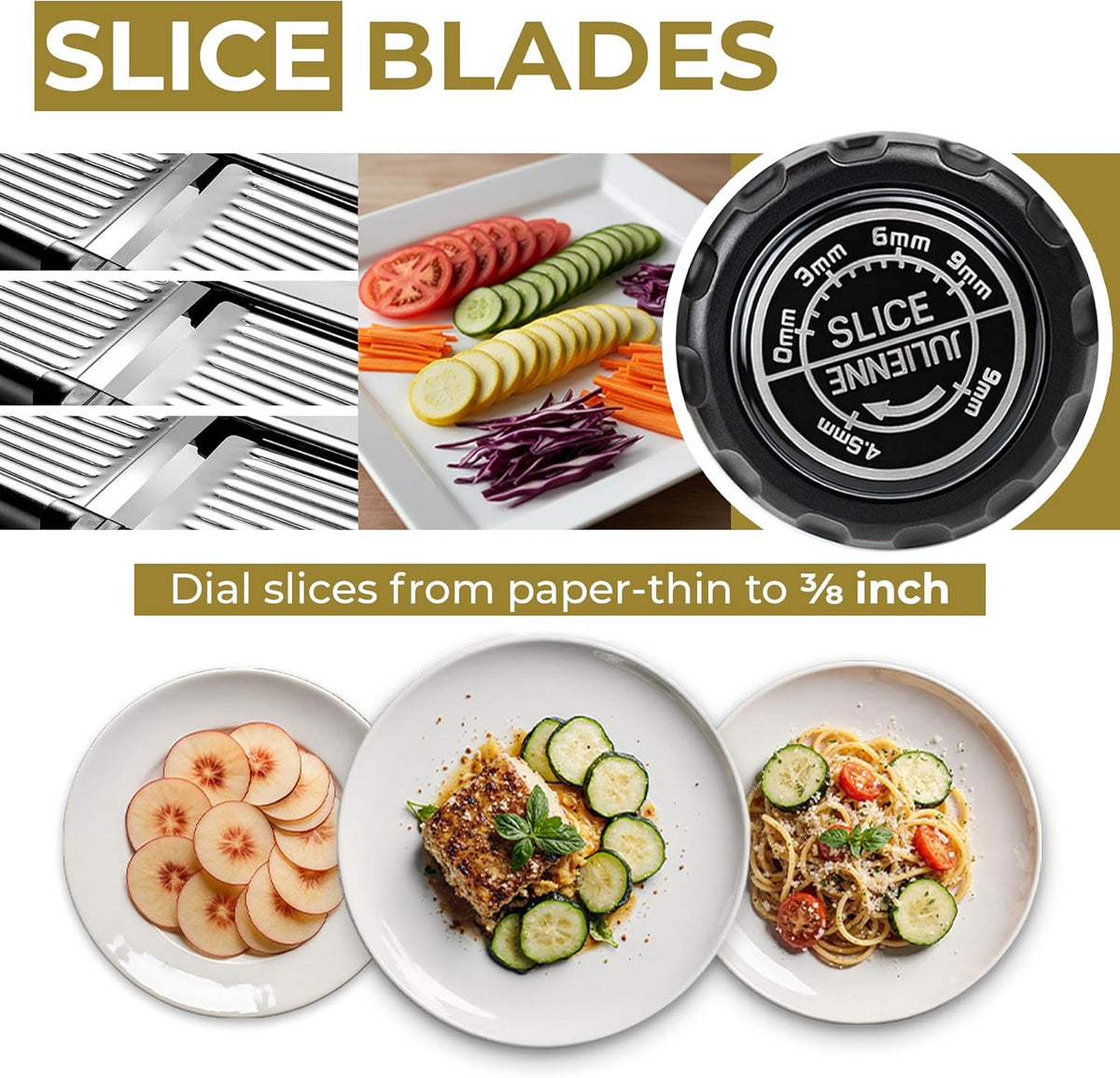 Thickness dial marked 0 to 9 mm beside sliced tomato, cucumber, courgette and carrot