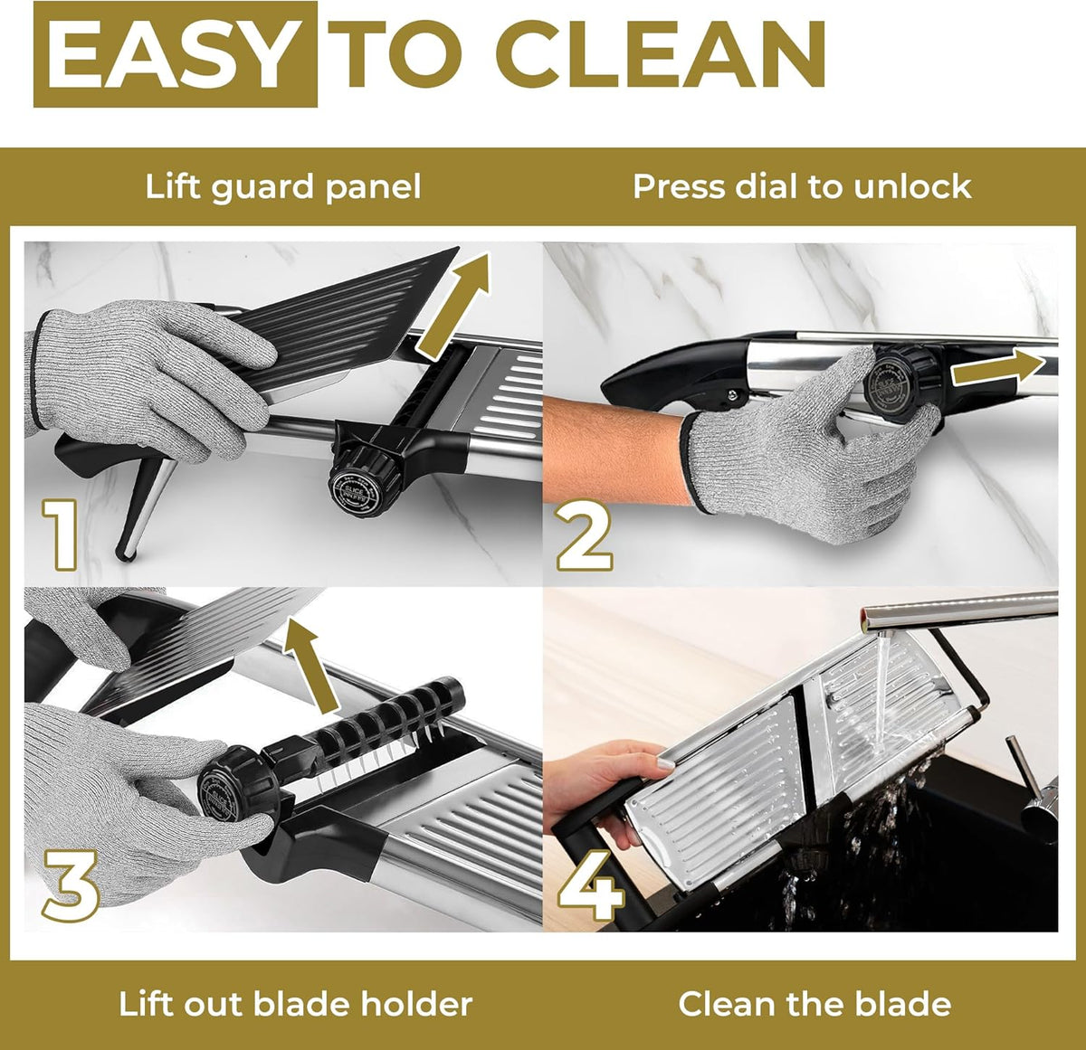 Four cleaning steps: lift guard panel, press dial, remove blade holder, rinse blade
