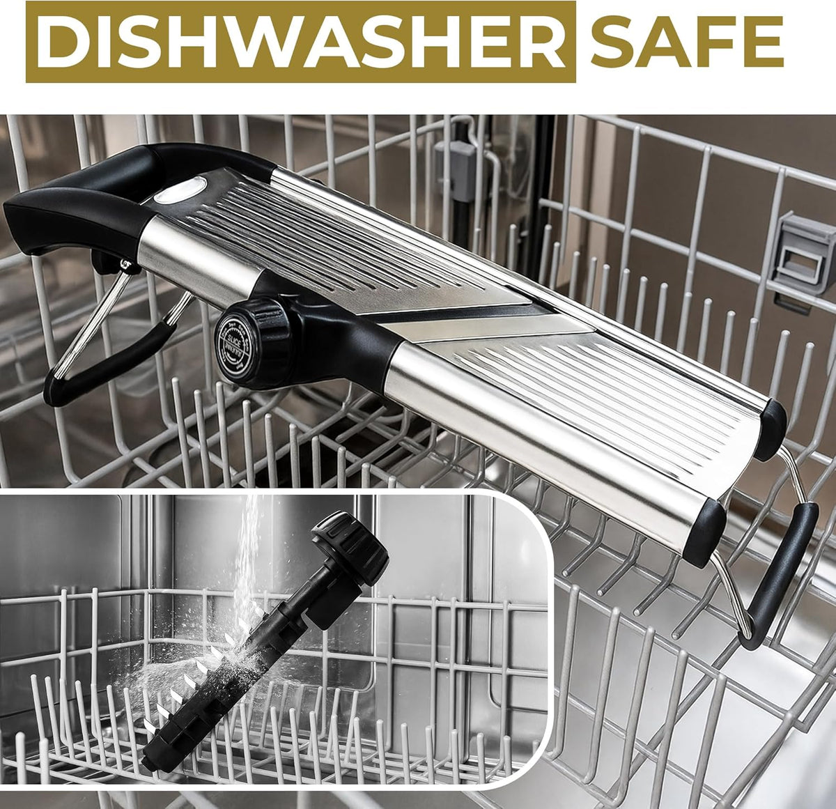 Mandoline and blade holder standing in the top rack of a dishwasher