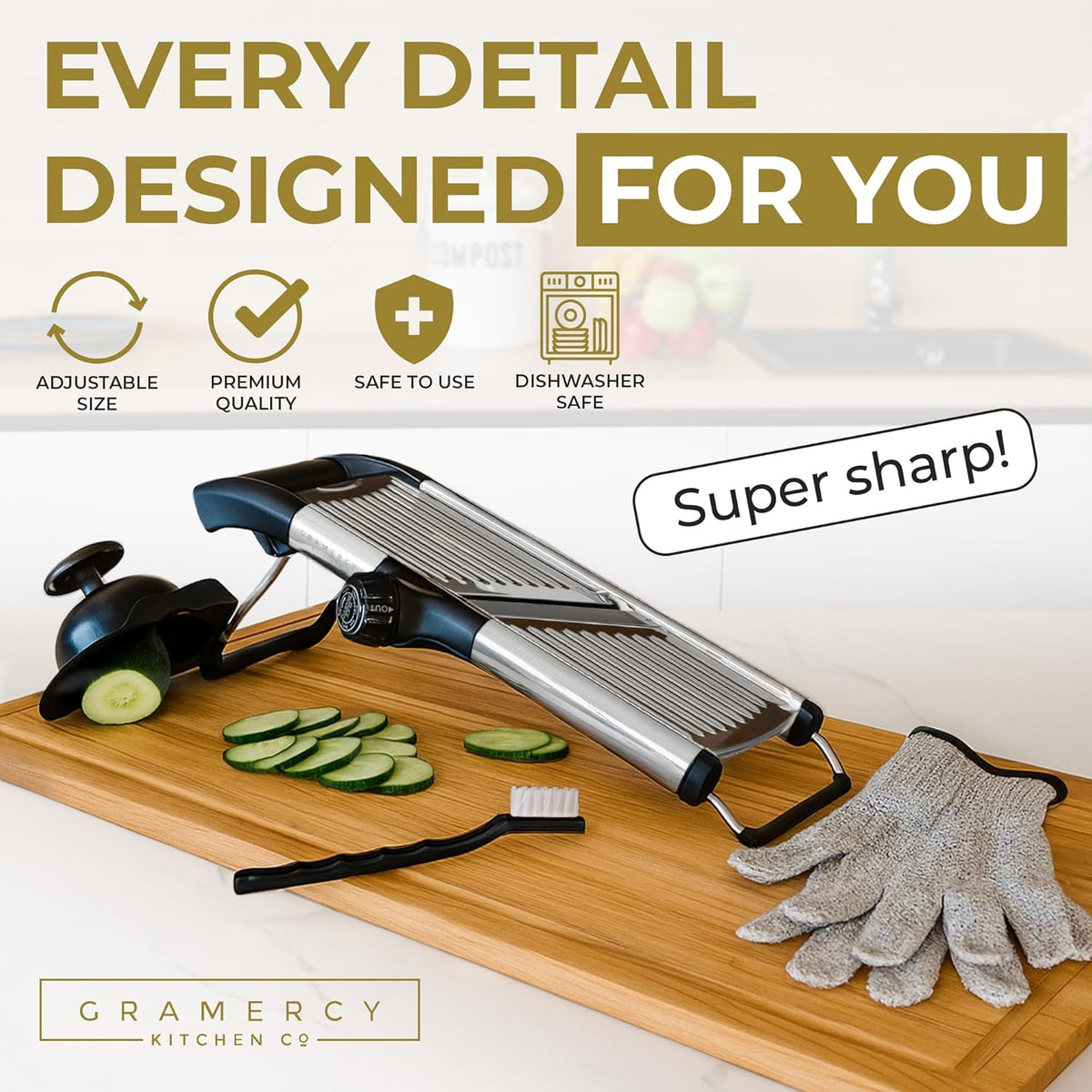 Gramercy mandoline on a wooden board with sliced cucumber, cleaning brush and cut-resistant gloves