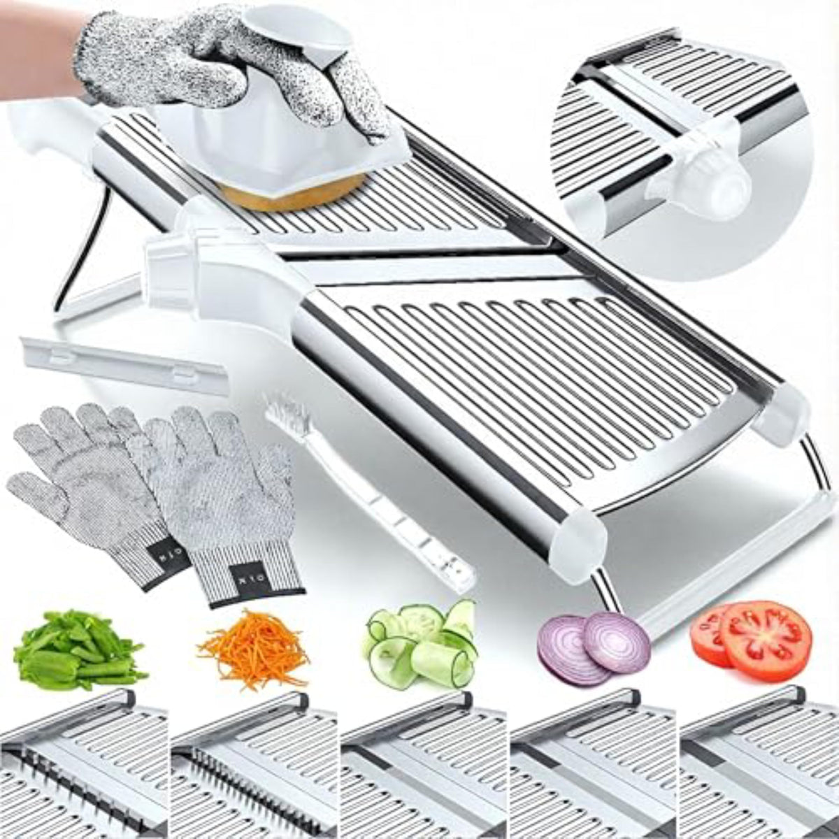 White Gramercy mandoline with cut-resistant gloves, cleaning brush, blade guard and blade types