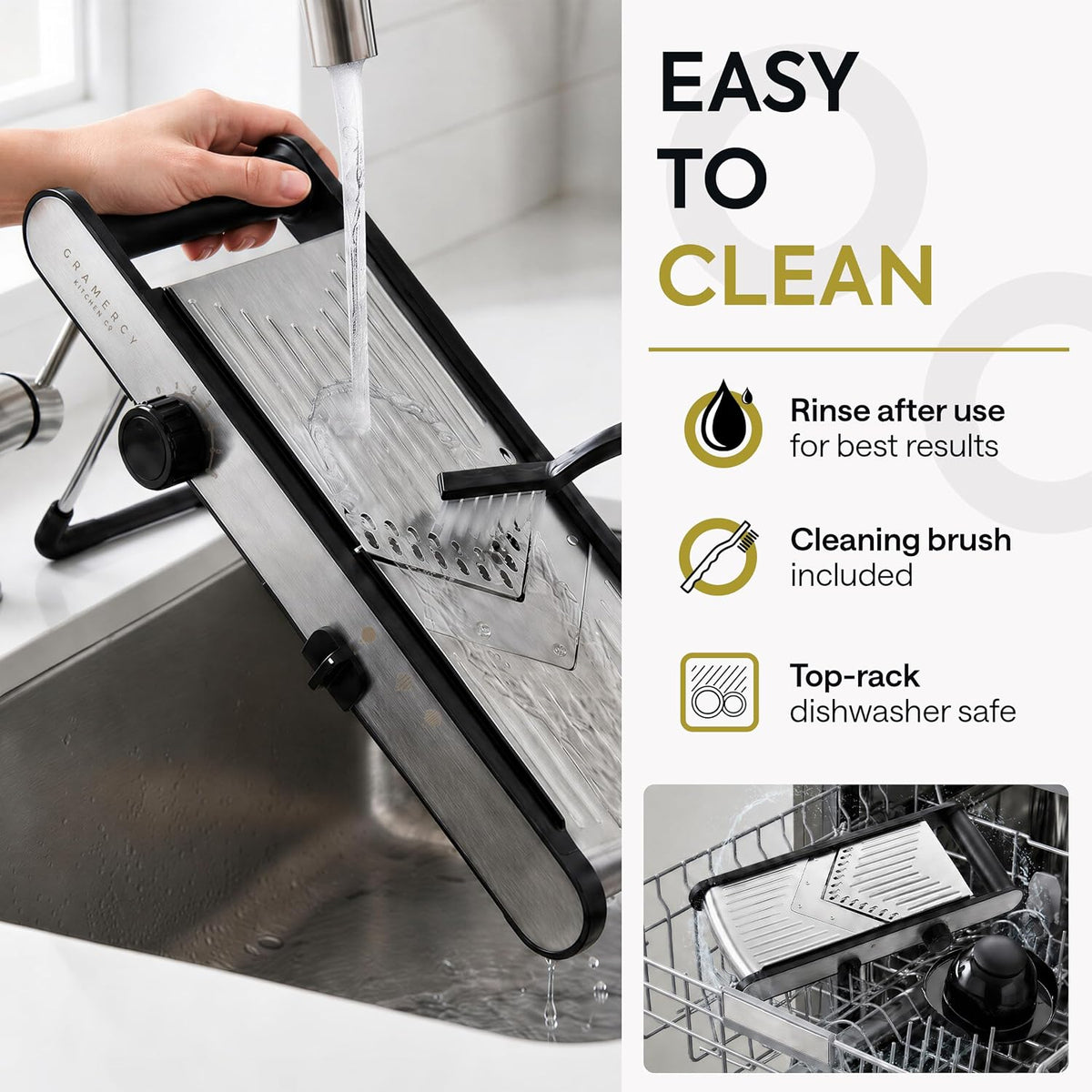 V-blade mandoline rinsed under a tap and standing in the top rack of a dishwasher