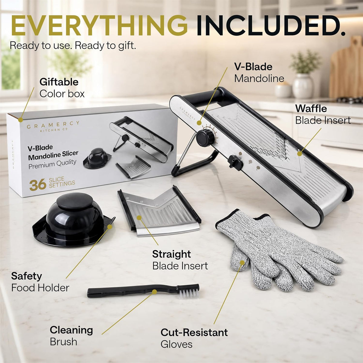 V-blade mandoline with gift box, both blade inserts, food holder, cleaning brush and gloves