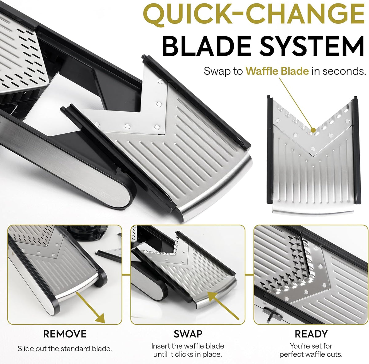 Quick-change blade system: remove the straight blade, swap in the waffle insert, ready to cut