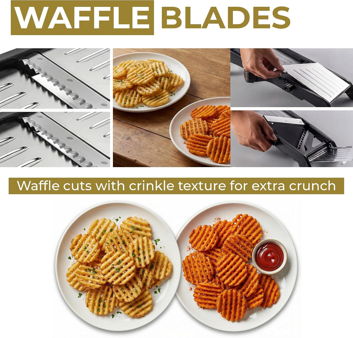 Waffle blade close-up with plates of crinkle-cut potato and sweet potato crisps