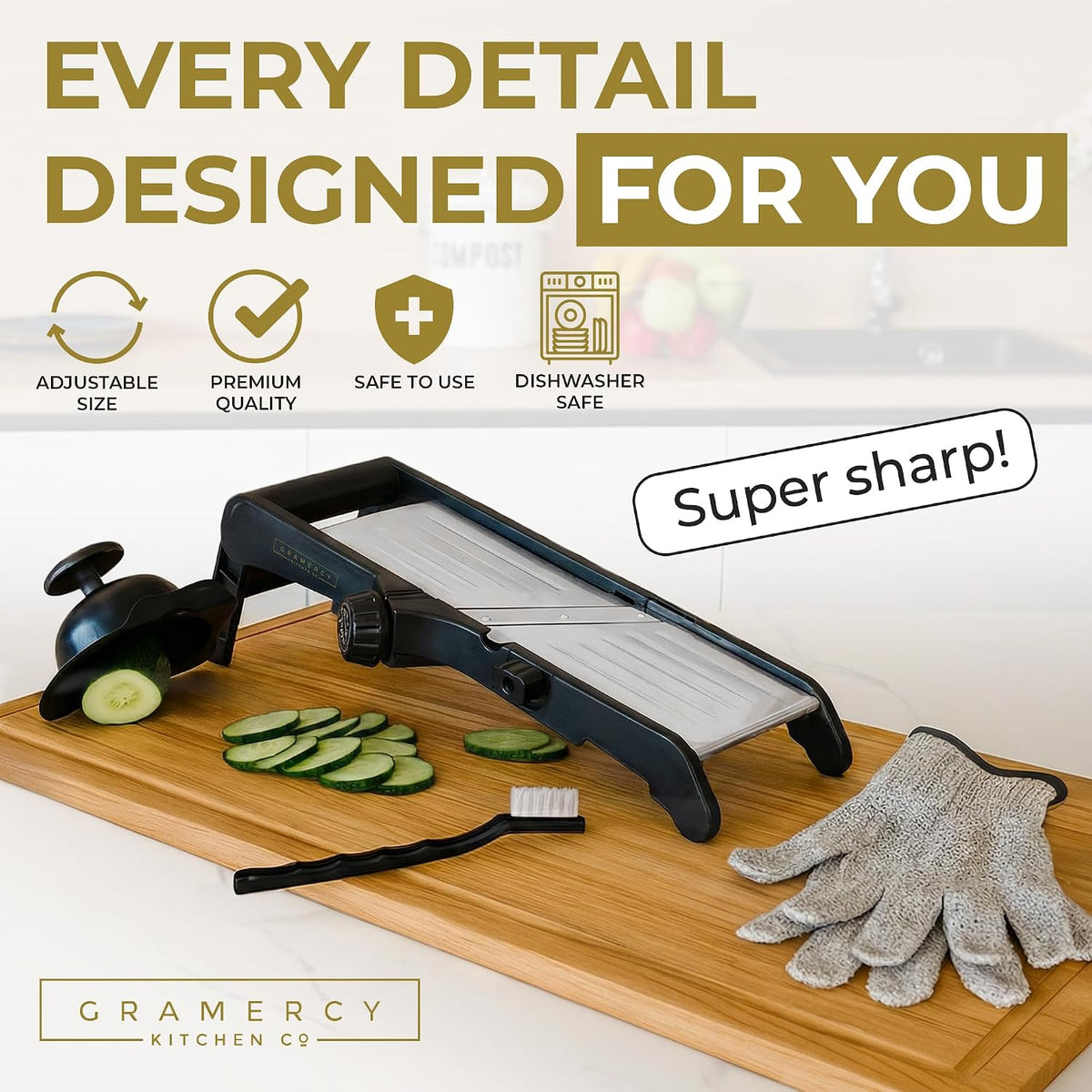 Mandoline on a wooden board with sliced cucumber, cleaning brush and cut-resistant gloves