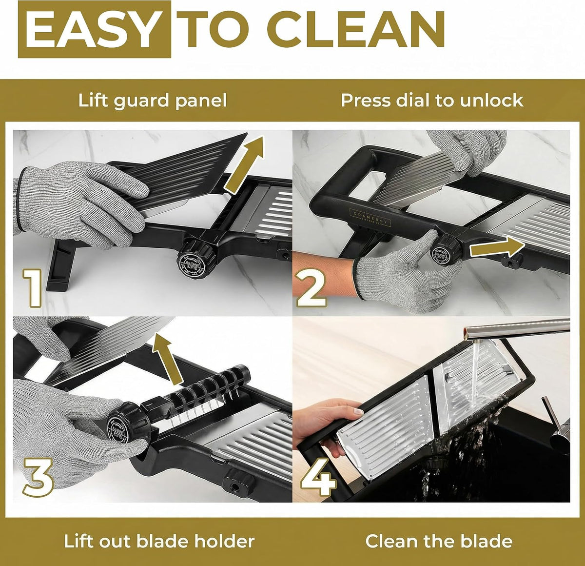 Four cleaning steps: lift guard panel, press dial, remove blade holder, rinse blade