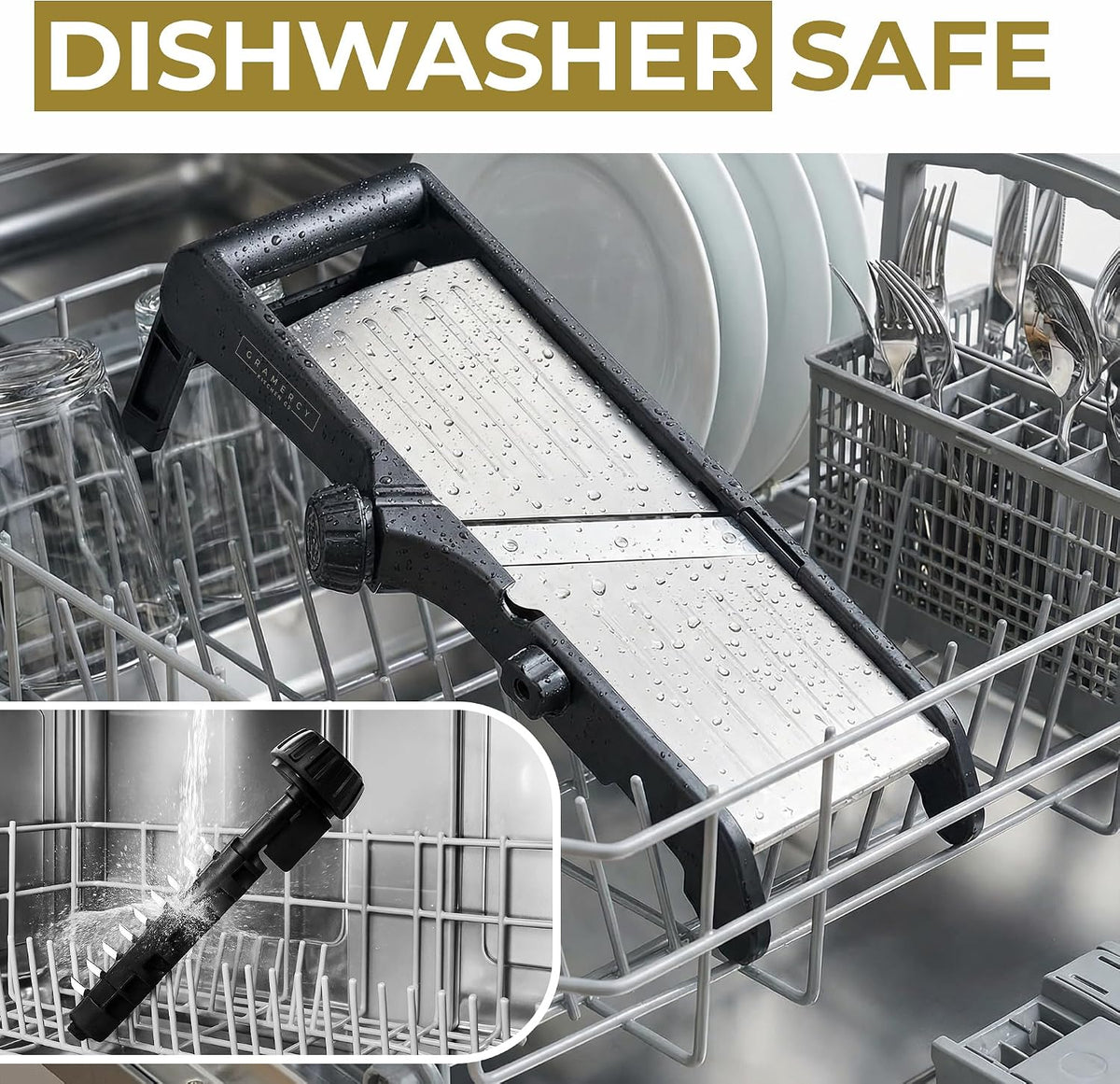 Mandoline and blade holder standing in the top rack of a dishwasher