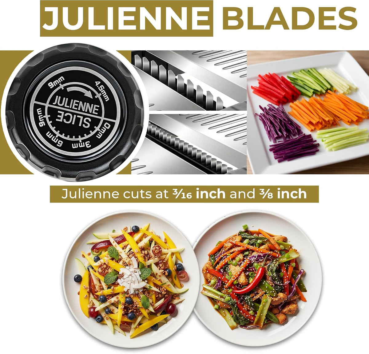 Julienne dial at 4.5 and 9 mm with matchstick-cut peppers, carrots and cabbage