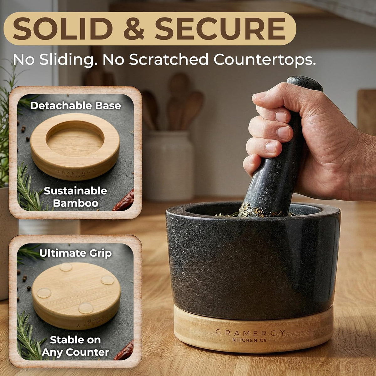 Detachable bamboo base shown with the silicone grip dots that hold it steady