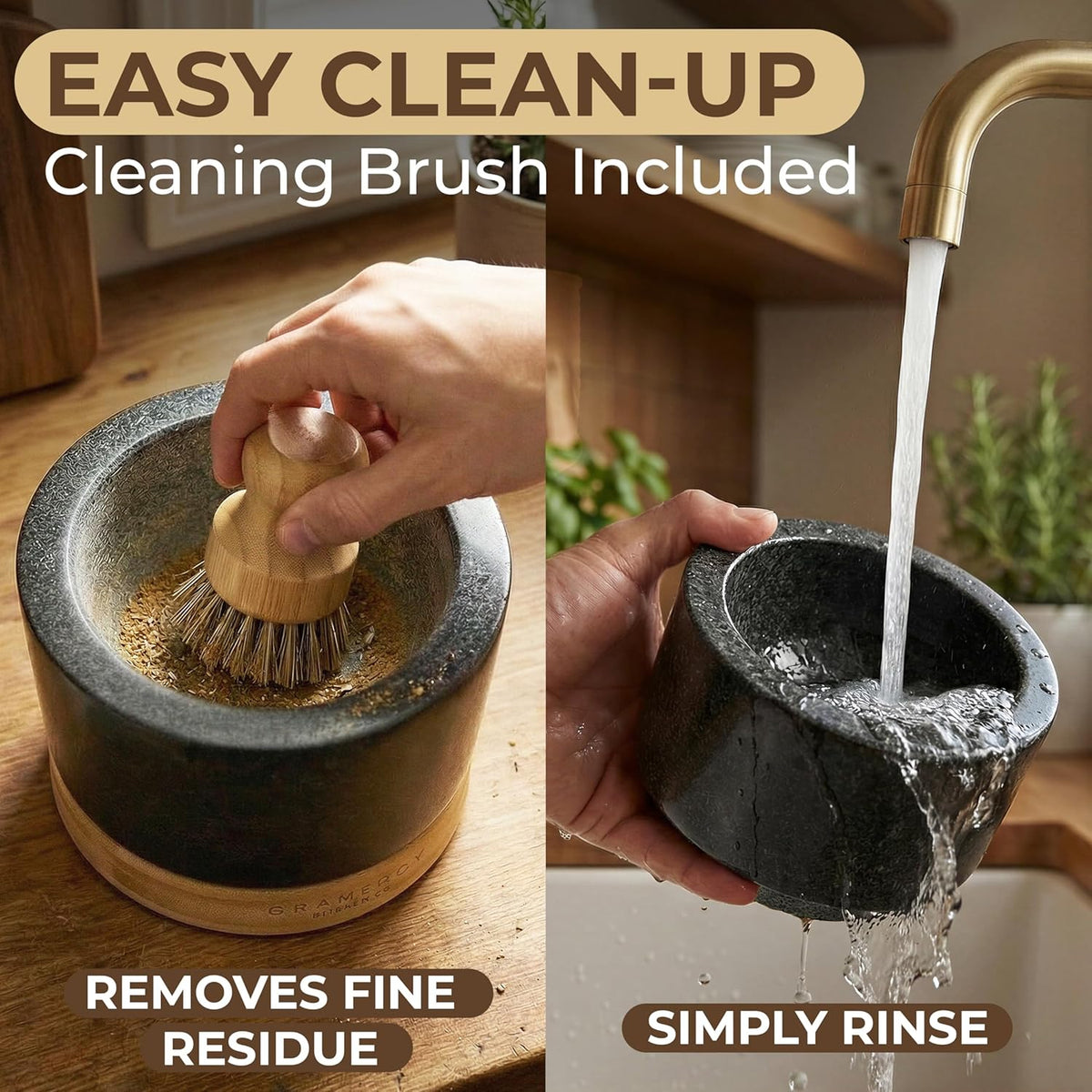 Brushing spice residue from the mortar, and rinsing the bowl under a tap