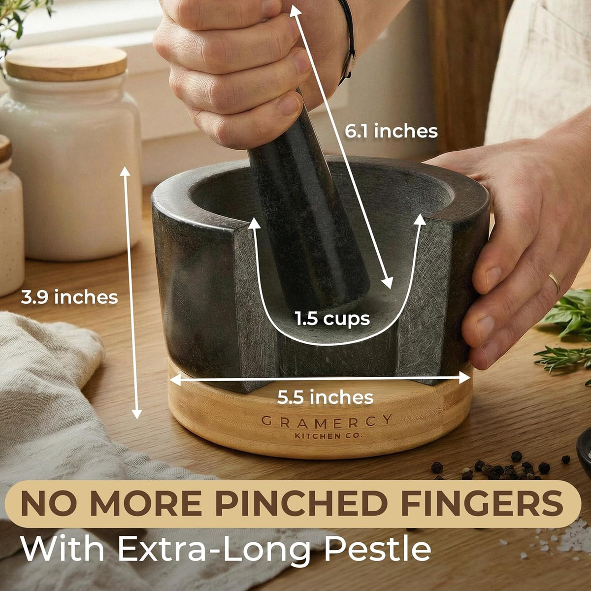 Mortar measured at 14 cm across, 9.9 cm tall, with a 350 ml bowl and long pestle