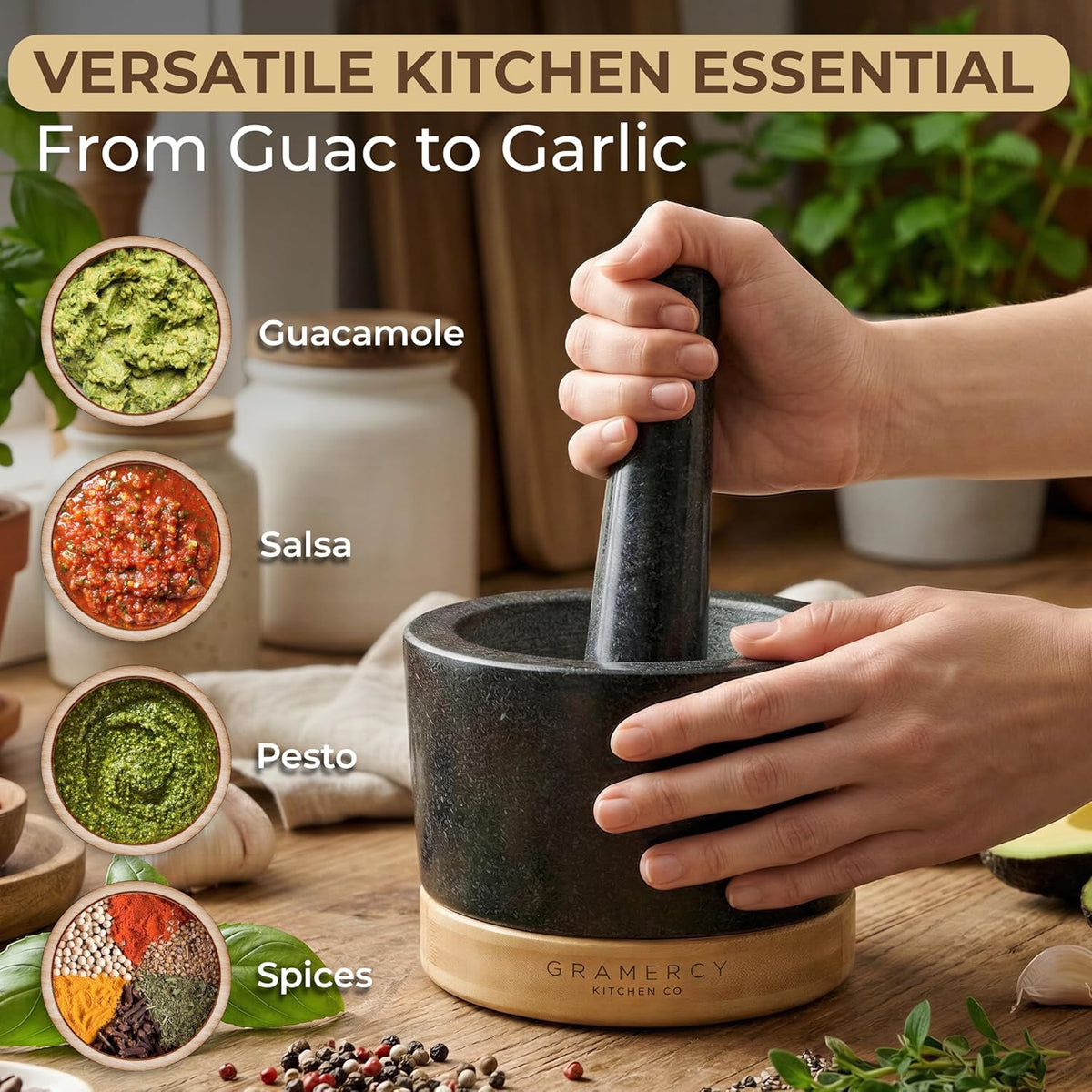 Guacamole, salsa, pesto and ground spices beside the mortar in use