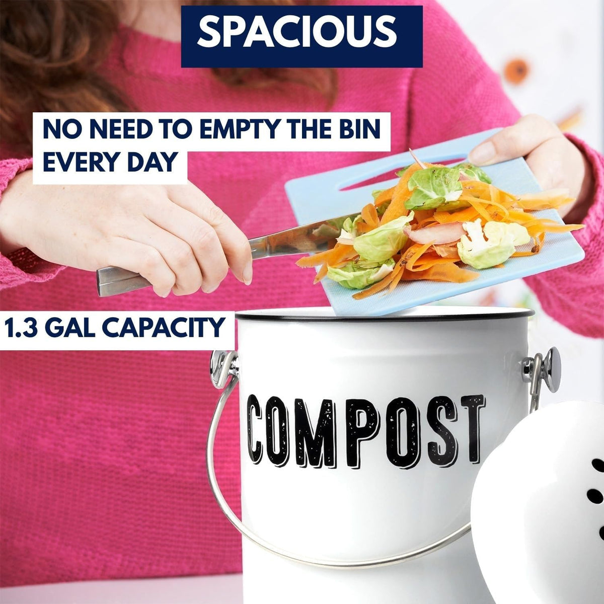 Vegetable peelings being tipped from a board into the 5 litre compost bin