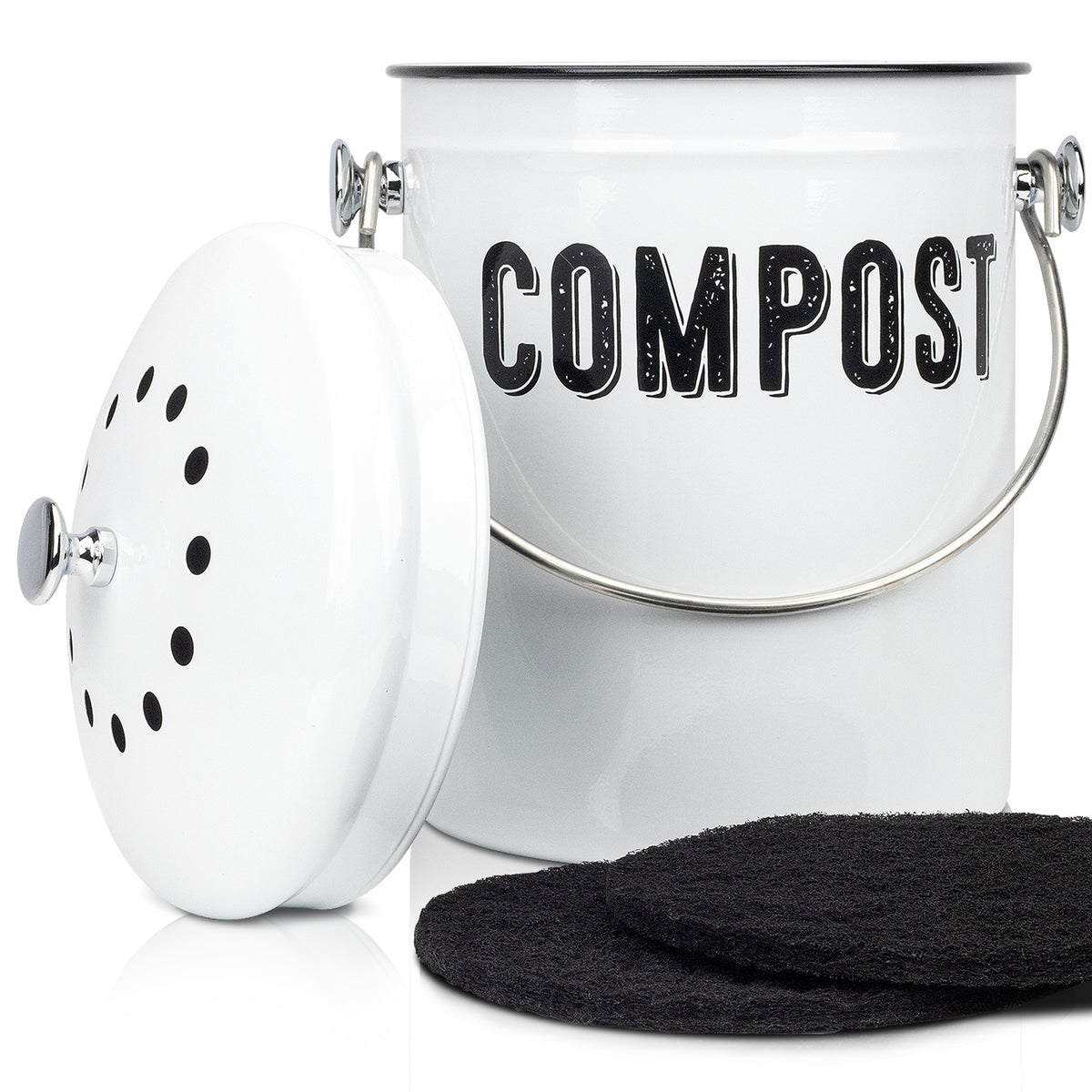 White Granrosi countertop compost bin with vented lid and swing carry handle