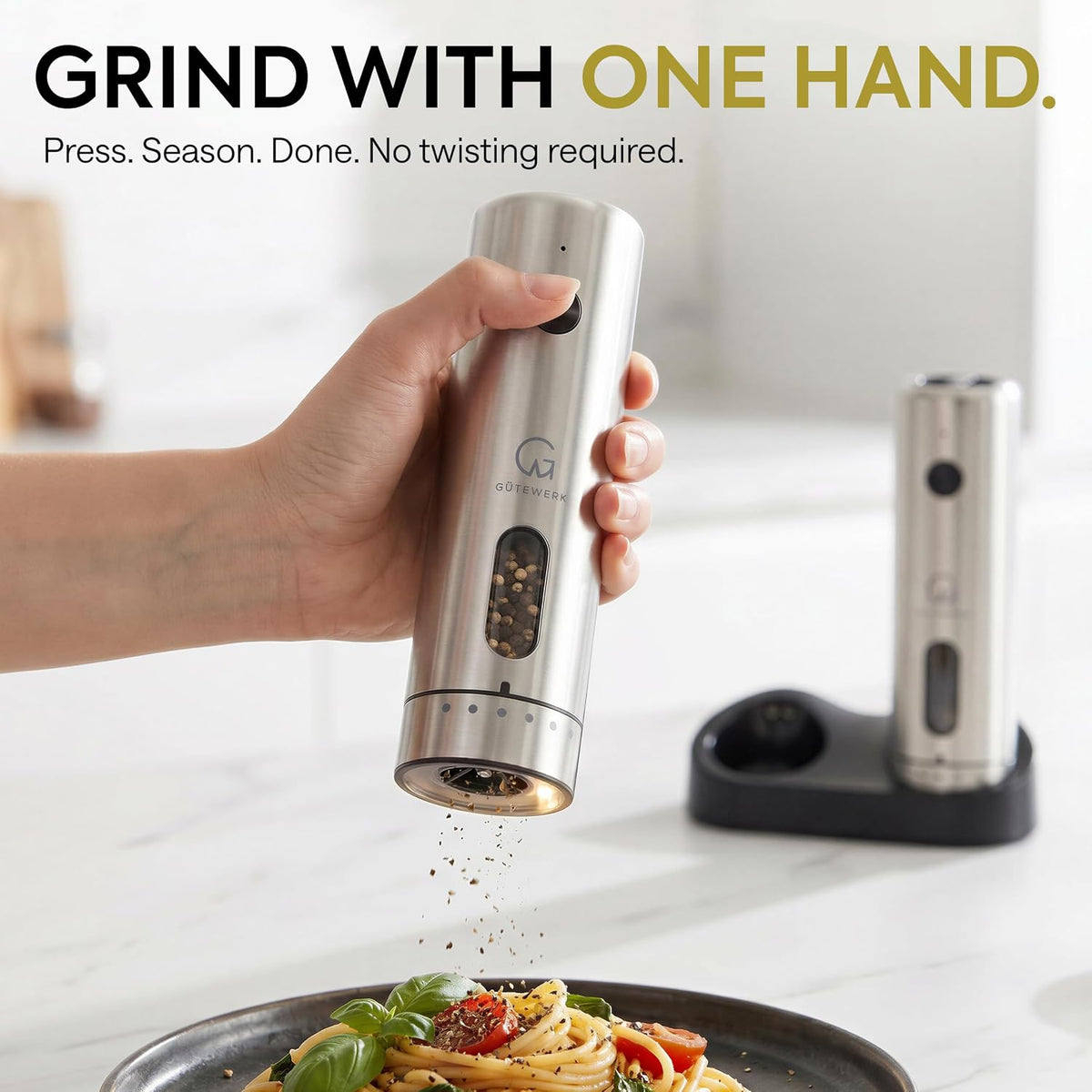 Electric salt grinder shown from the side with its see-through fill window