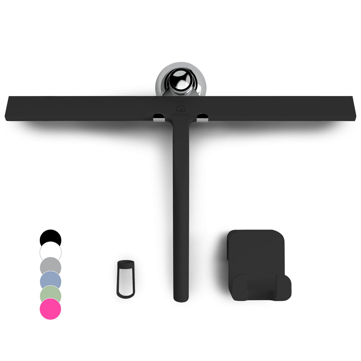 Black silicone squeegee shown flat with its suction cup, loop and wall hook