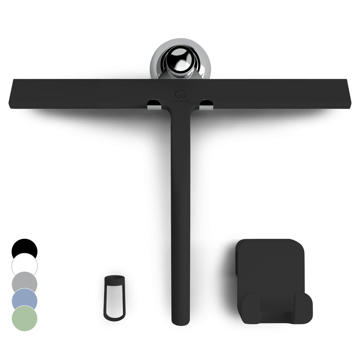 Black squeegee hanging from its suction cup beside the matching wall hook