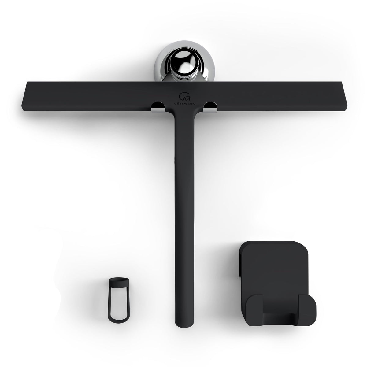 Black squeegee with the wider blade, shown with suction cup and wall hook