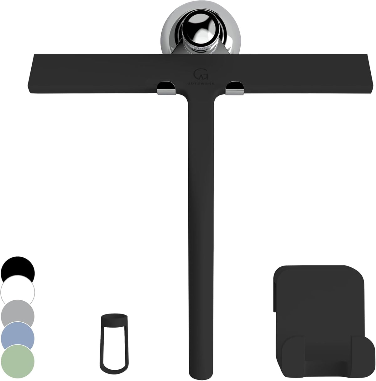 Black silicone squeegee with suction cup, silicone hanger and wall hook, five colour swatches