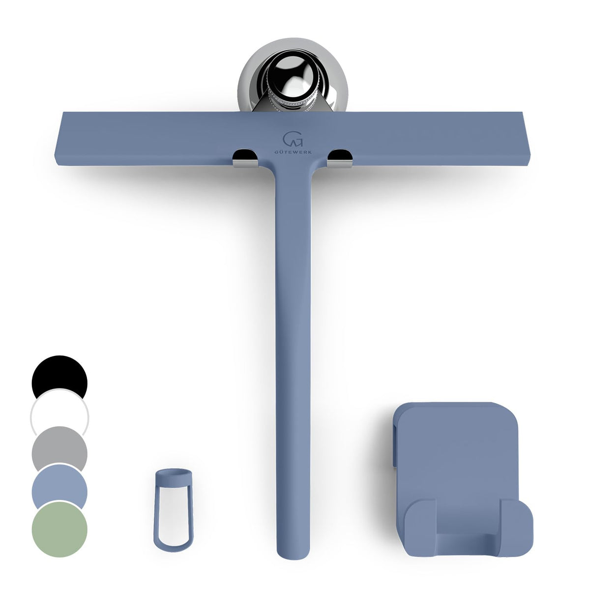 Blue silicone squeegee with suction cup, silicone loop and wall hook