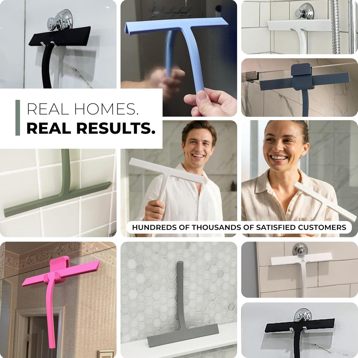 Customer photos of the squeegee mounted in bathrooms in several colours