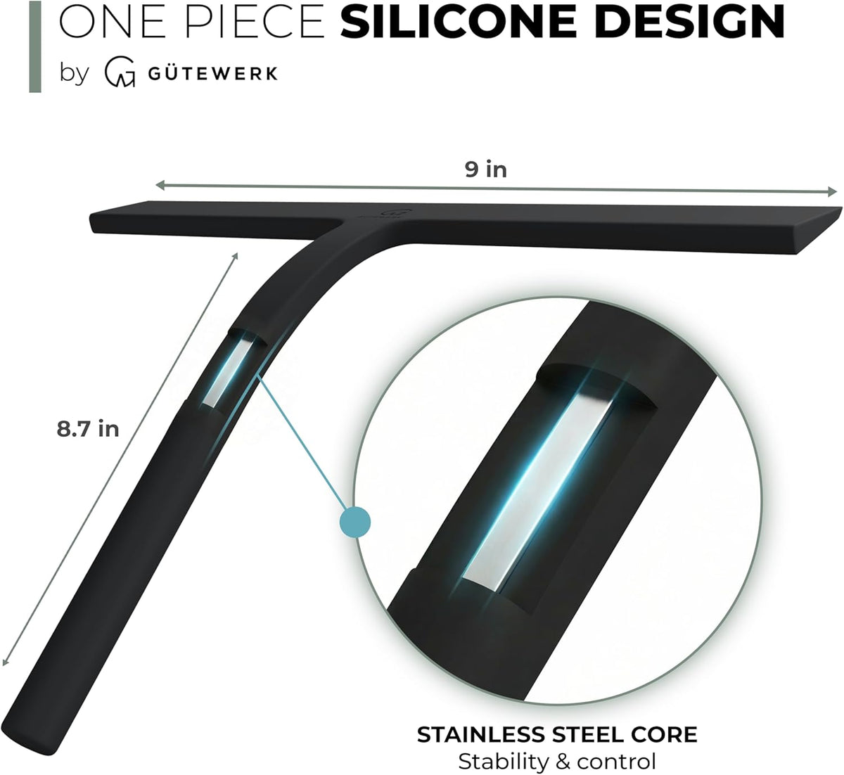 Squeegee measured 9 by 8.7 inches with a cutaway showing the stainless steel core