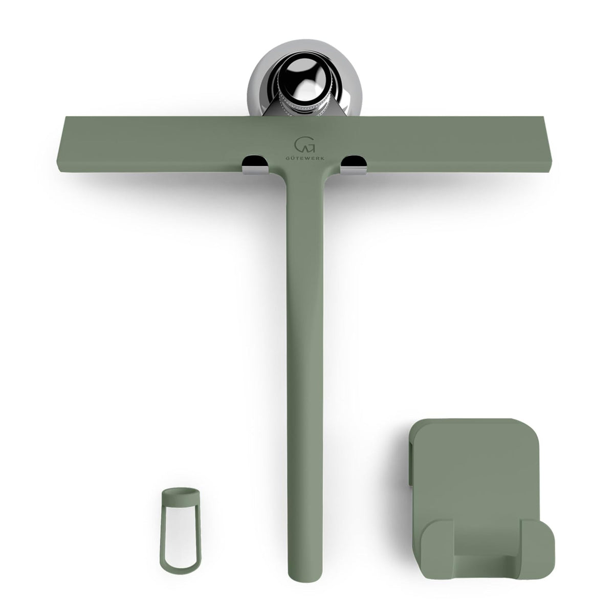 Green silicone squeegee at an angle with its three mounting accessories