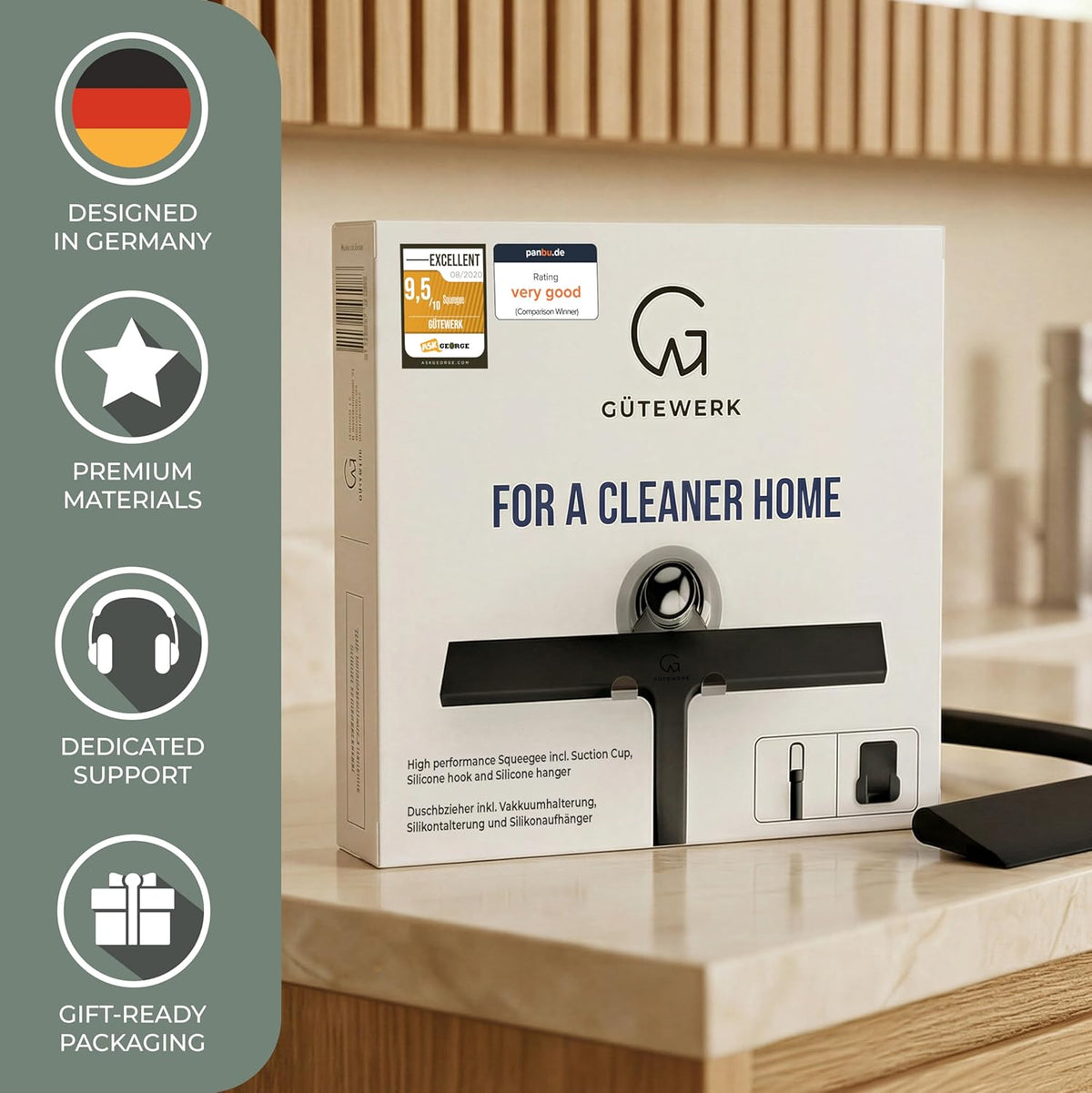 Gütewerk squeegee retail box on a bathroom counter with four brand marks