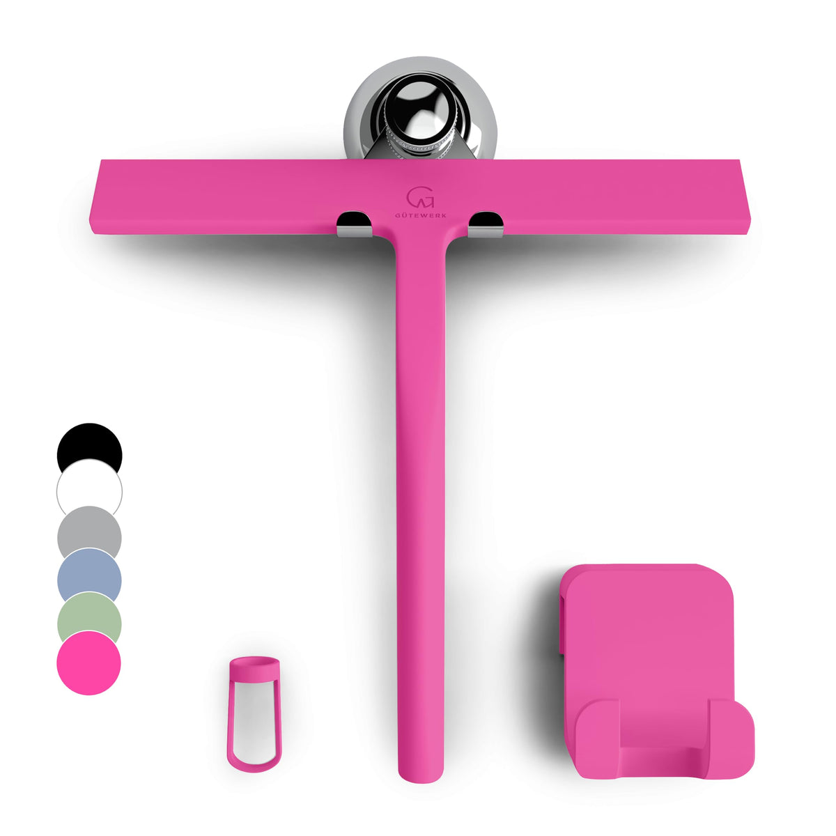 Pink silicone squeegee at an angle with its three mounting accessories
