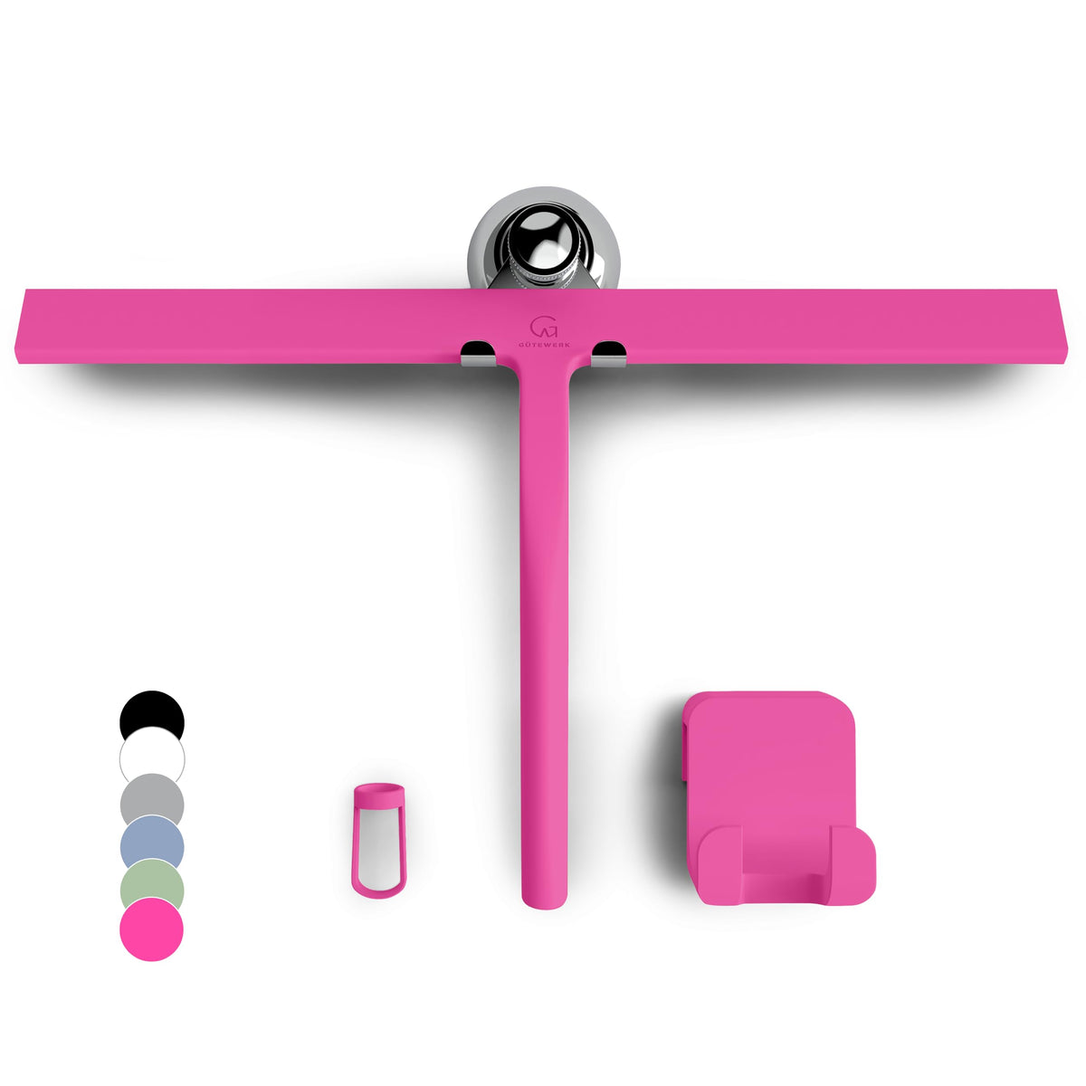 Pink silicone squeegee with suction cup, silicone loop and wall hook