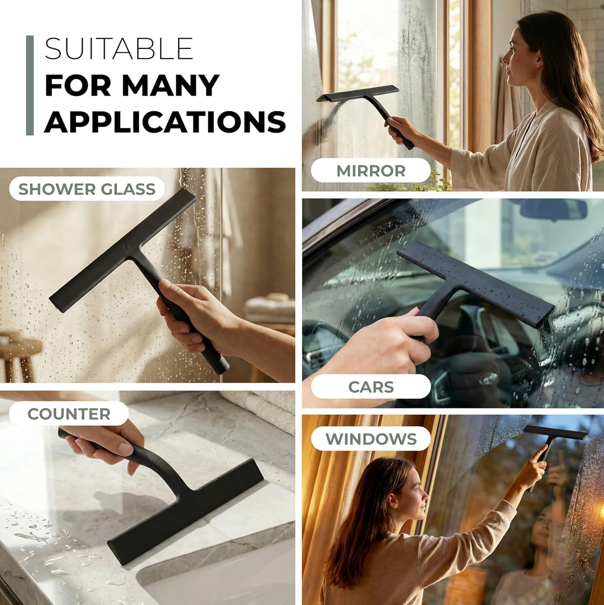 Squeegee used on shower glass, a mirror, a worktop, a car window and a house window