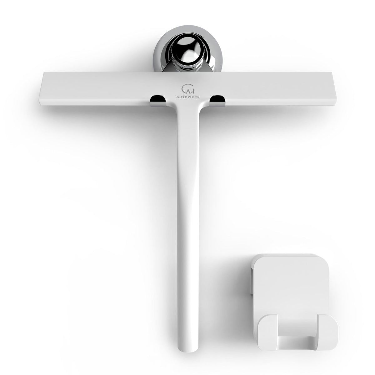 White squeegee mounted on its suction cup with the wall hook alongside