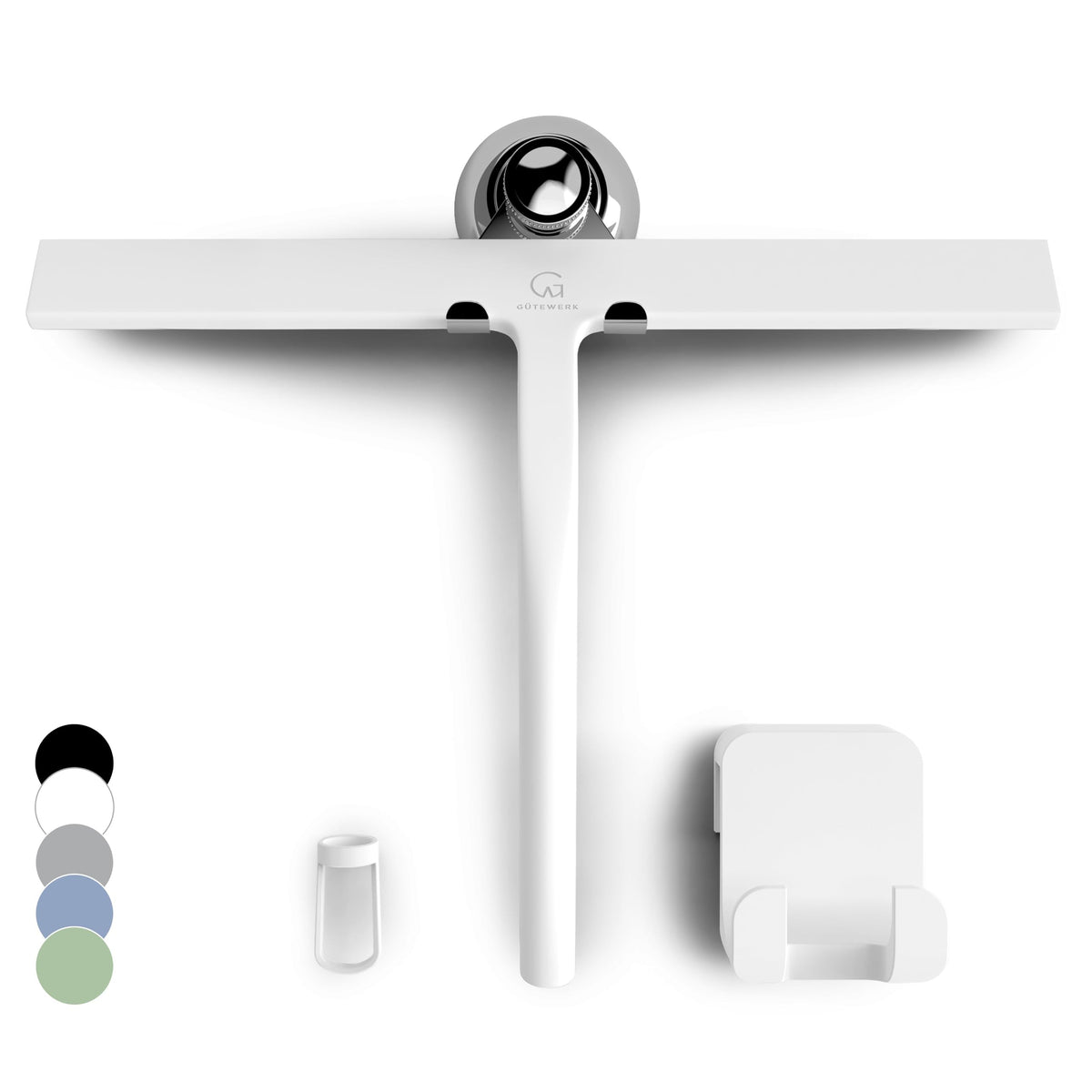 White squeegee hanging from its suction cup beside the matching wall hook