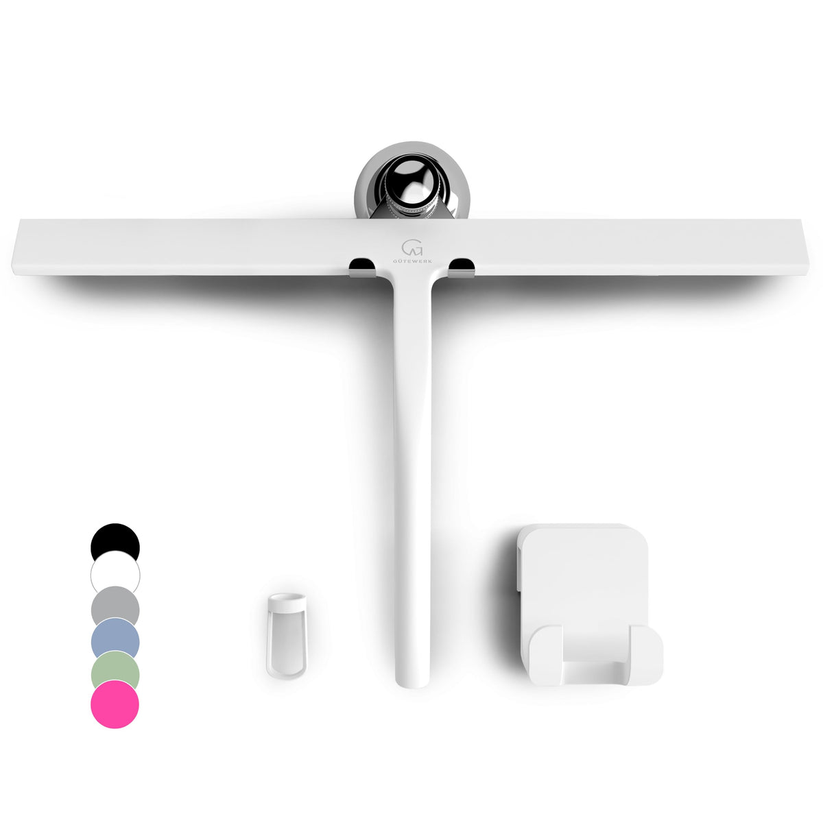 White silicone squeegee with suction cup, silicone loop and wall hook