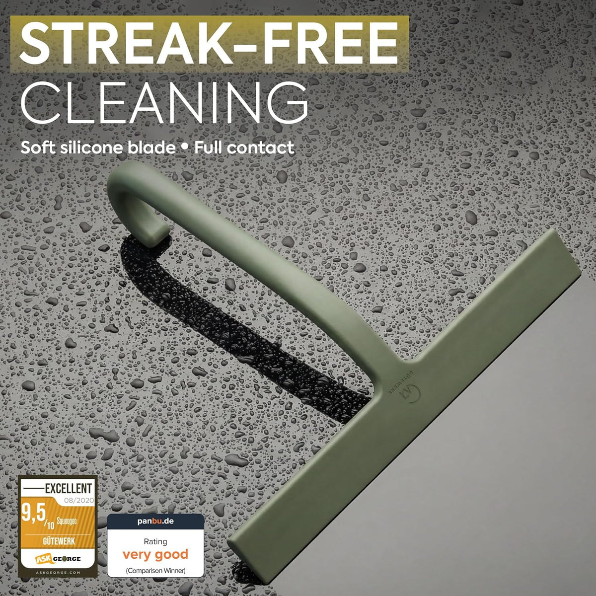 J-hook squeegee hung on a glass edge, a rail and a cabinet handle without drilling