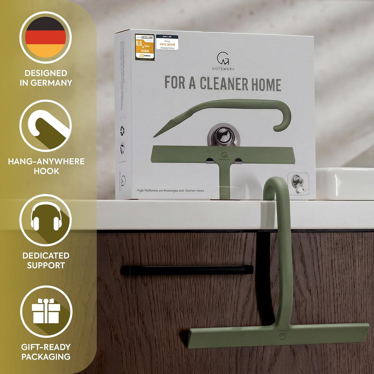 Silicone blade clearing water from wet shower glass in a single stroke