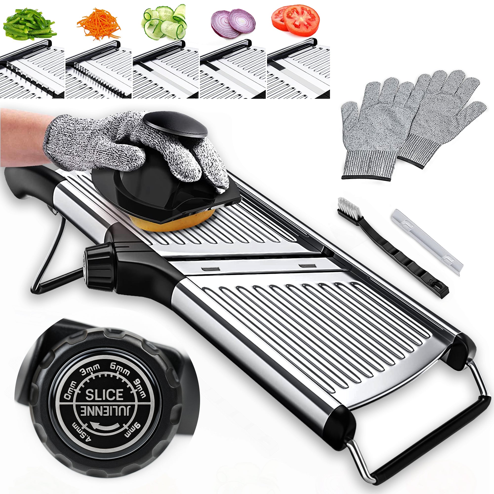Gramercy Adjustable Mandoline Food Slicer, Mandoline Slicer for Kitchen, Mandolin, Potato, Tomato, Carrot, Vegetable, Fruit and Onion Cutter - Stainless Steel - INCLUDING 1 Pair Cut-Resistant Gloves