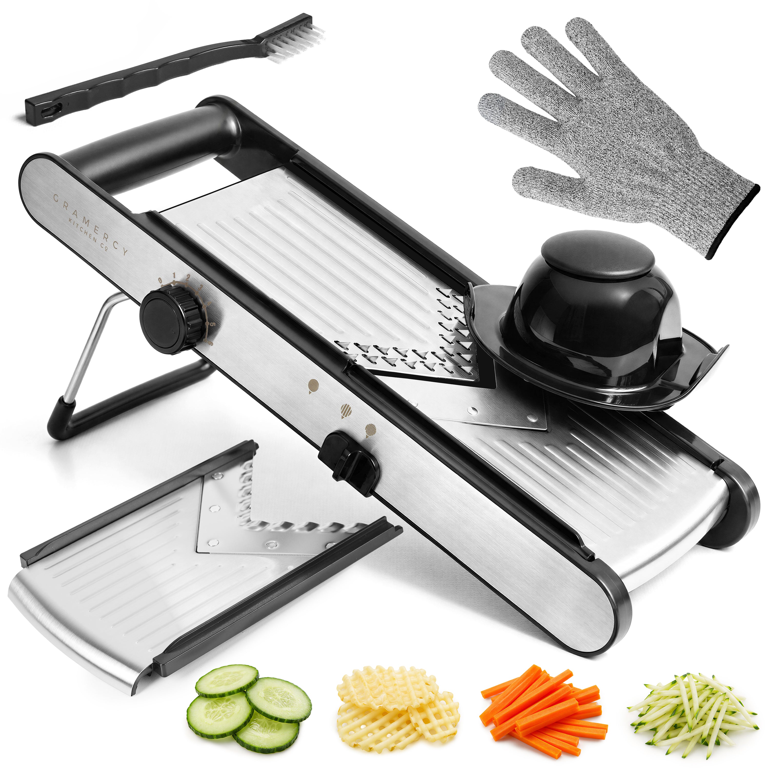Gramercy Mandoline Slicer for Kitchen, Adjustable V-Blade Stainless Steel Vegetable Slicer with Waffle and Julienne Blades, Cut-Resistant Gloves, Cleaning Brush, Safety Lock, Dishwasher Safe